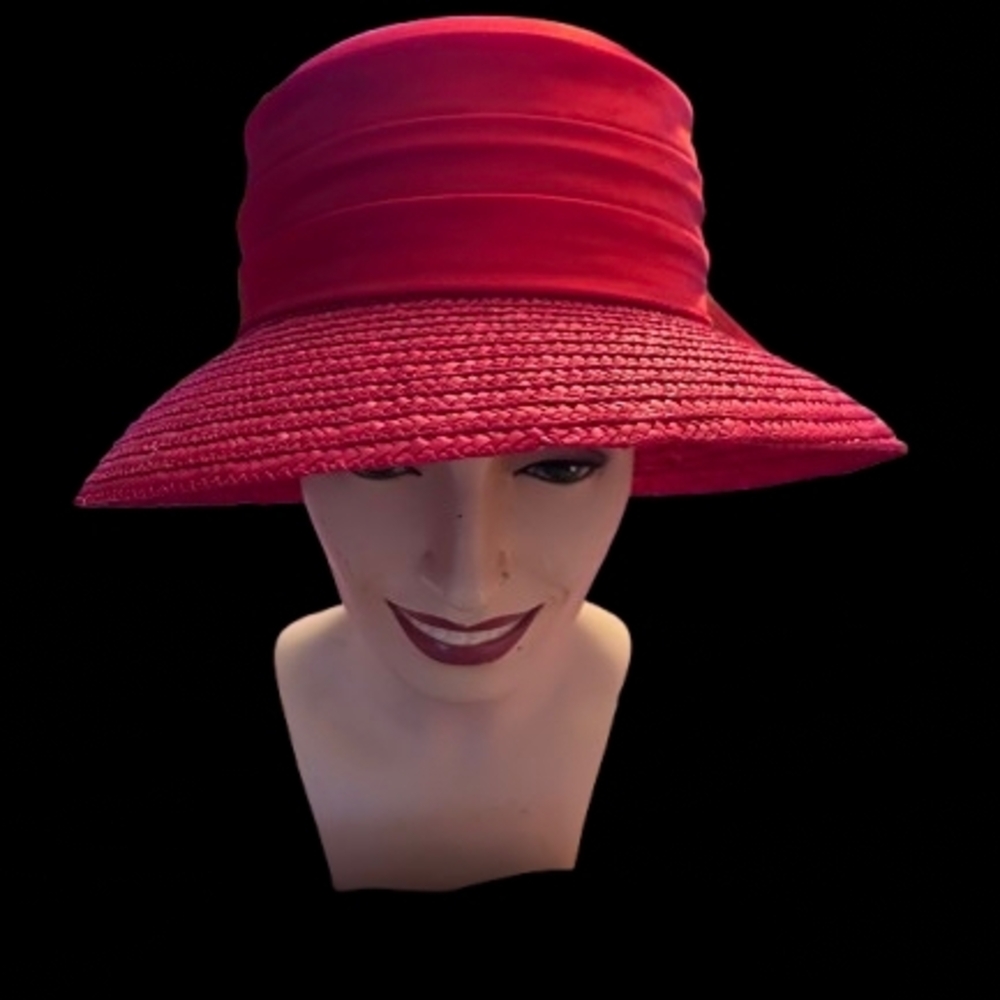 Women's Red Straw Hat with Satin, Feathers, and Sparkle